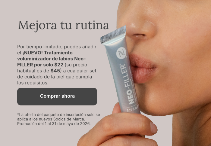 50% OFF Neo-FILLER Volumizing Lip Treatment with any Neo-FILLER or Neo-FILLER Set purchase. Featured is a woman kissing a tube of Neo-FILLER Volumizing Lip Treatment.